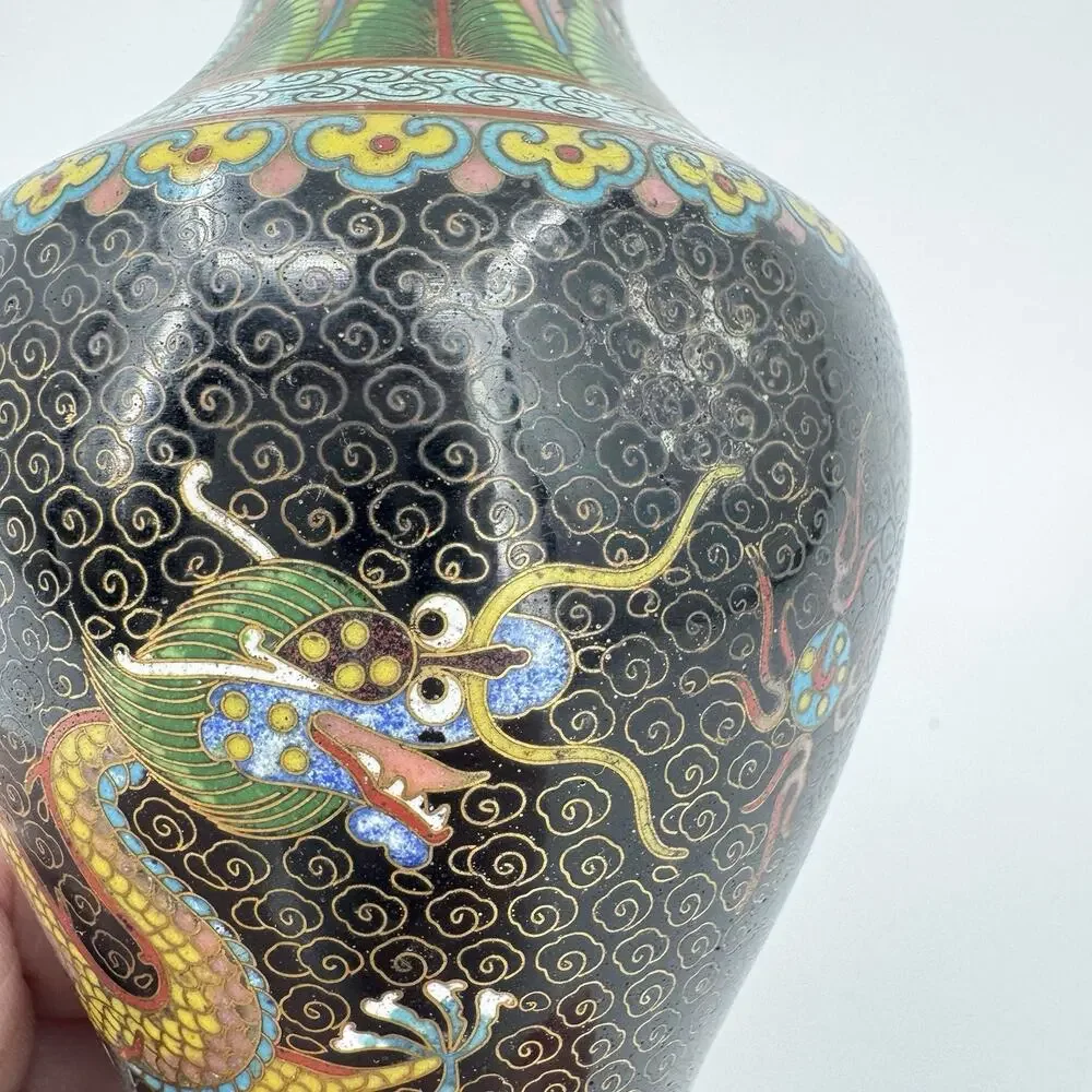 Chinese Cloisonné Floral Vase Double Dragon Black Enameled 6” Vintage Brass Edge